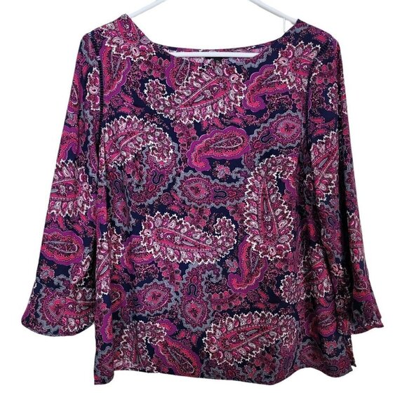 Talbots Petites Traditional Paisley 3/4 Peplum Sleeve Crepe Popover Top Sz Med P - Picture 1 of 9